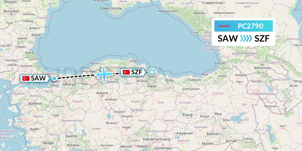 PC2790 Pegasus Airlines Flight Map: Istanbul to Samsun