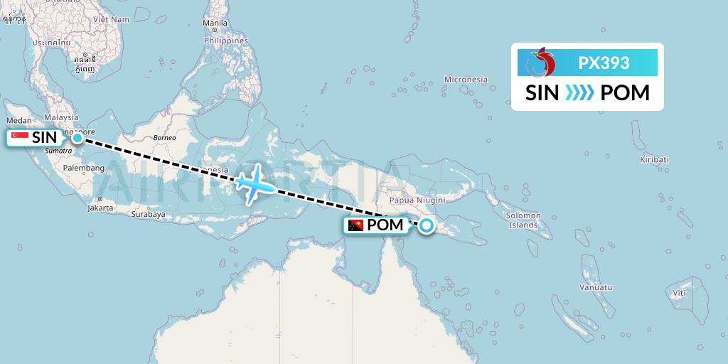 PX393 Air Niugini Flight Map: Singapore to Port Moresby