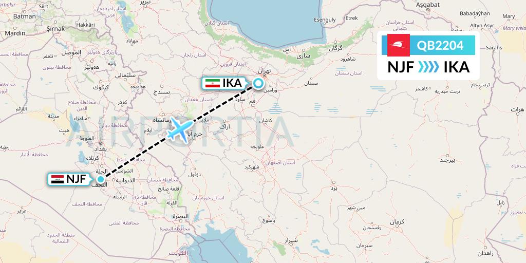 QB2204 Qeshm Airlines Flight Map: Najaf to Tehran