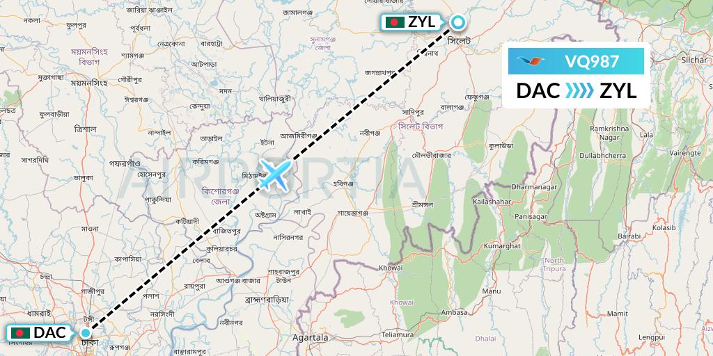 VQ987 Novoair Flight Map: Dhaka to Sylhet