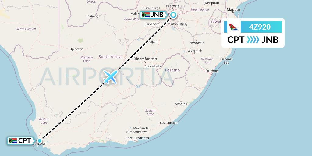 4Z920 Airlink Flight Map: Cape Town to Johannesburg