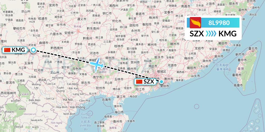 8L9980 Lucky Air Flight Map: Shenzhen to Kunming