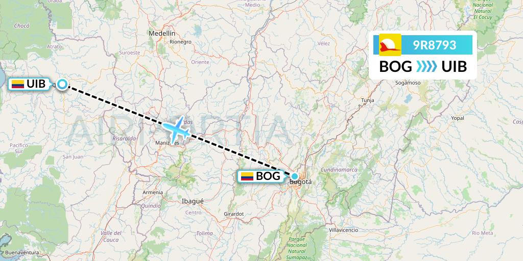 9R8793 Satena Flight Map: Bogota to Quibdo