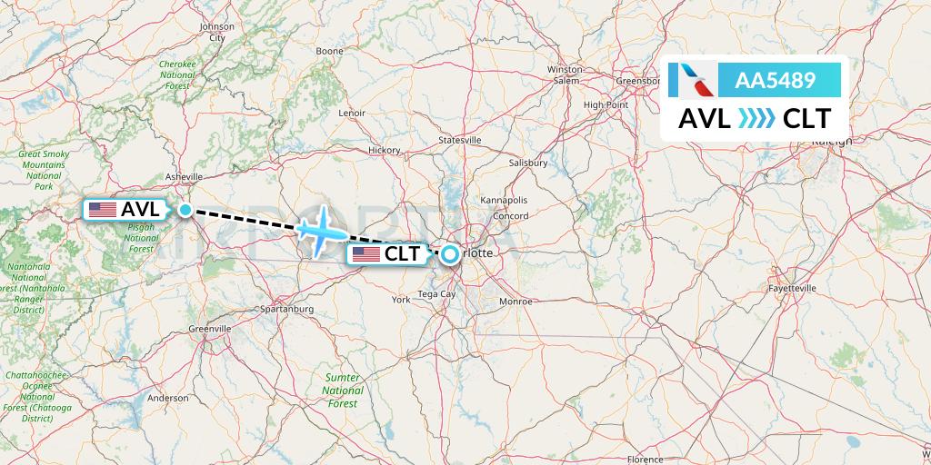 AA5489 American Airlines Flight Map: Asheville to Charlotte