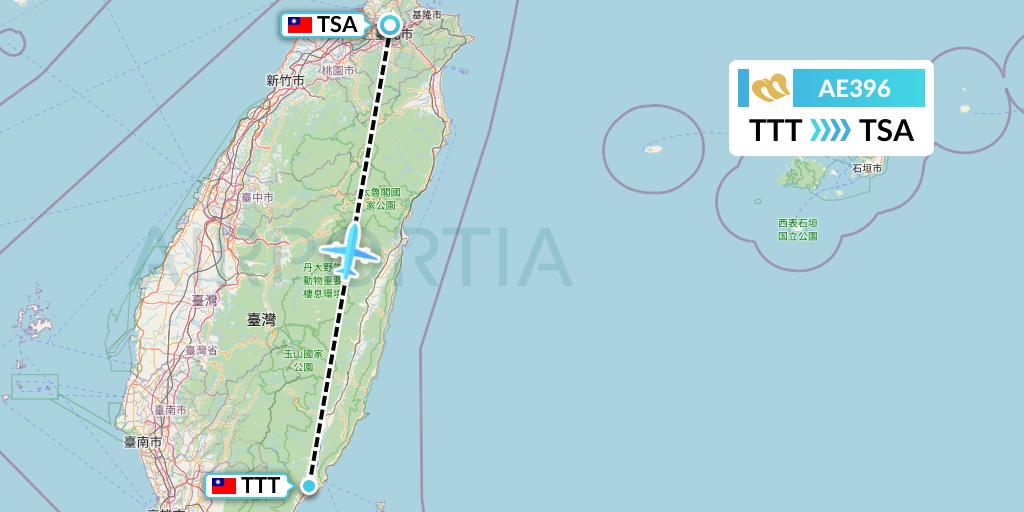 AE396 Mandarin Airlines Flight Map: Taitung to Taipei