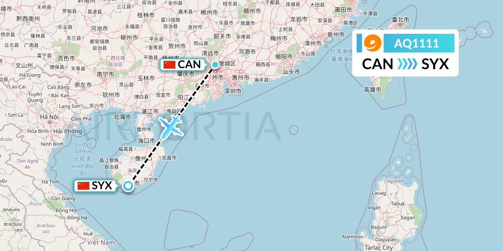 AQ1111 9 Air Flight Map: Guangzhou to Sanya