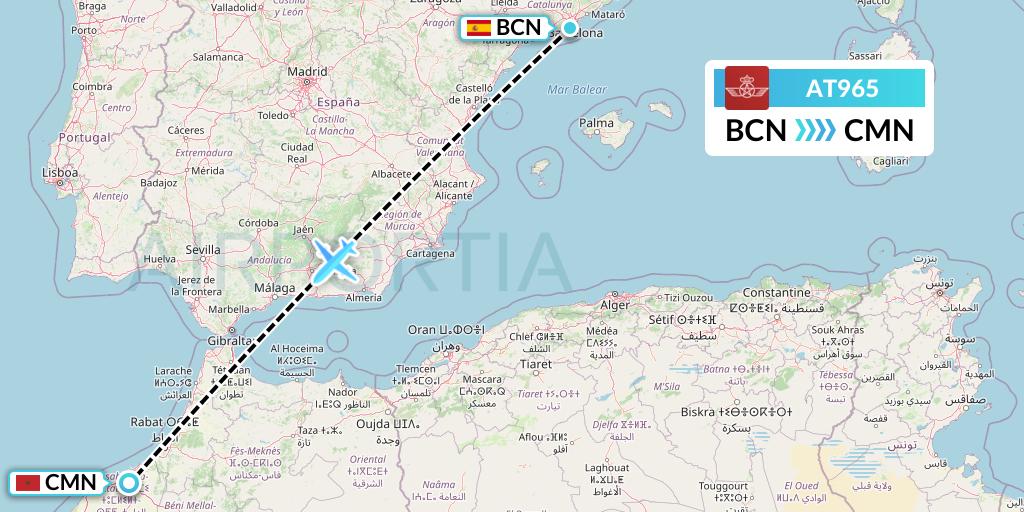 AT965 Royal Air Maroc Flight Map: Barcelona to Casablanca