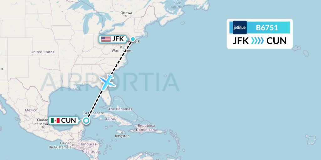 B6751 JetBlue Airways Flight Map: New York to Cancun