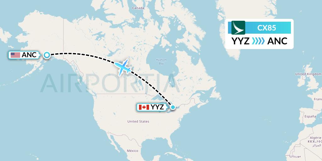CX85 Cathay Pacific Flight Map: Toronto to Anchorage