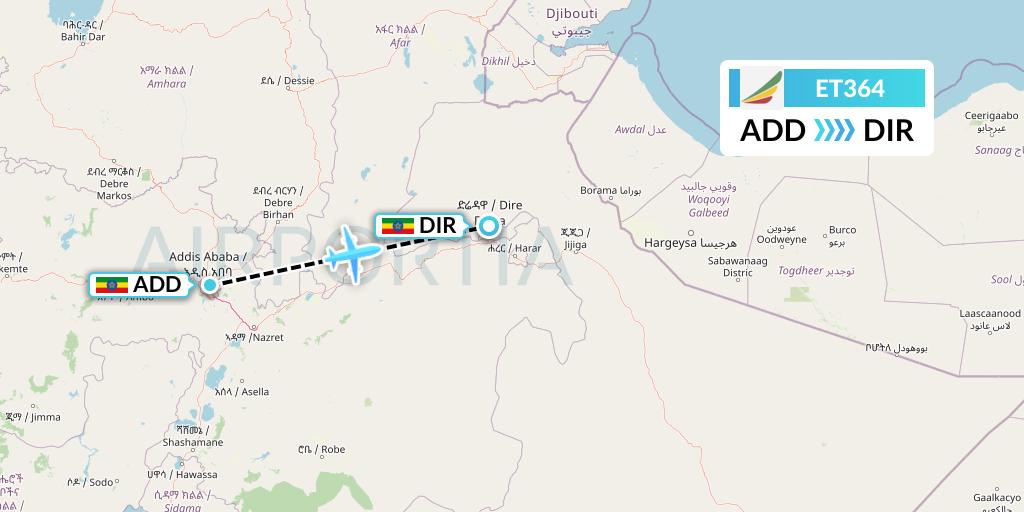 ET364 Ethiopian Airlines Flight Map: Addis Ababa to Dire Dawa