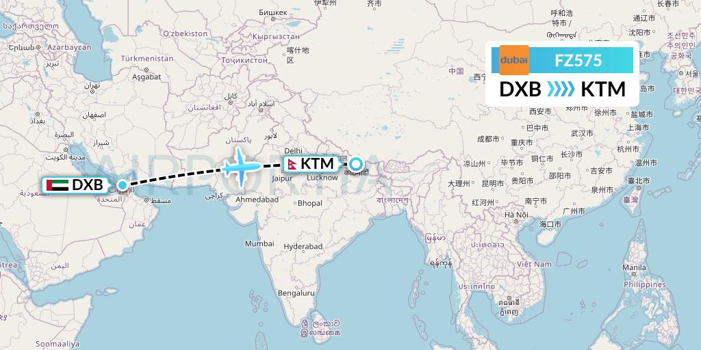 FZ575 FlyDubai Flight Map: Dubai to Kathmandu