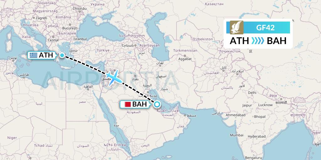 GF42 Gulf Air Flight Map: Athens to Bahrain