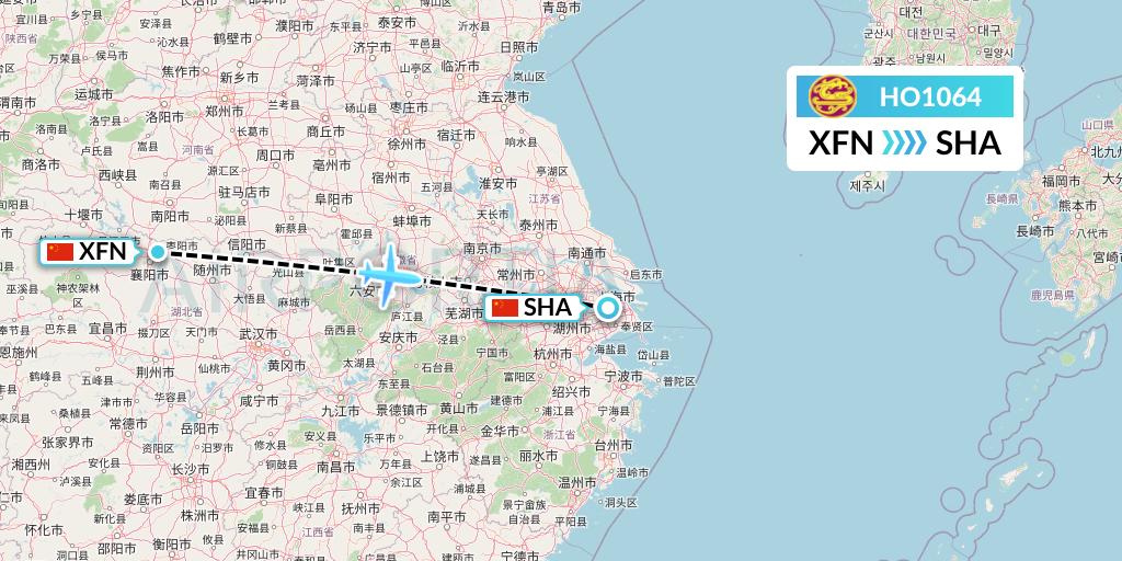 HO1064 Juneyao Airlines Flight Map: Xiangyang to Shanghai