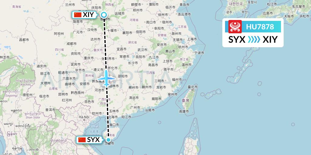 HU7878 Hainan Airlines Flight Map: Sanya to Xi'an