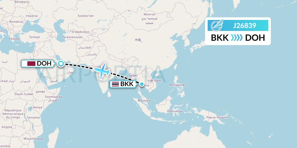 J26839 Azerbaijan Airlines Flight Map: Bangkok to Doha