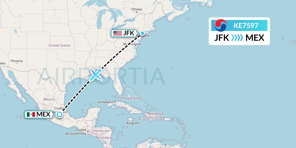 KE7597 Korean Air Flight Map: New York to Mexico City