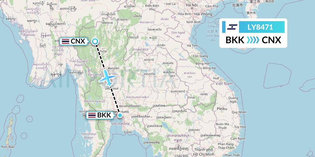 LY8471 El Al Flight Map: Bangkok to Chiang Mai