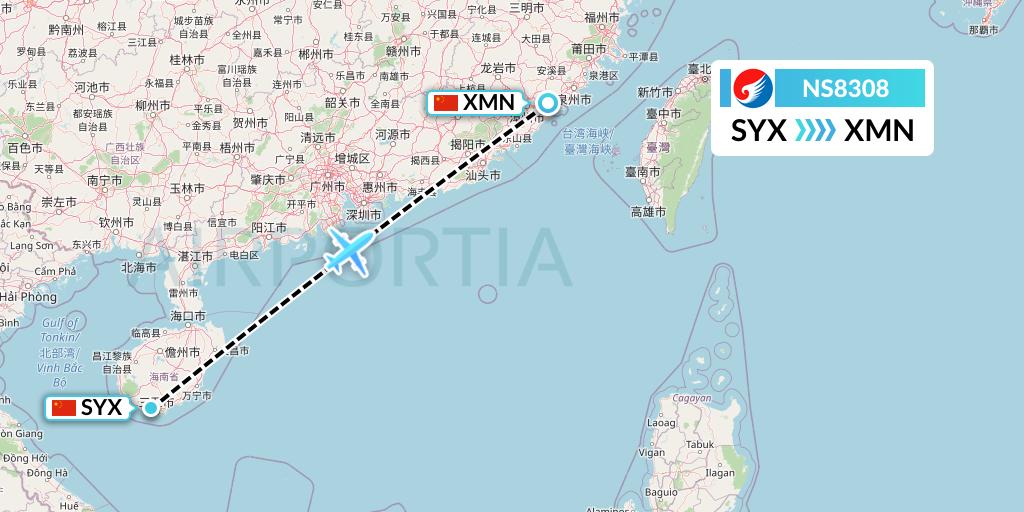 NS8308 Hebei Airlines Flight Map: Sanya to Xiamen