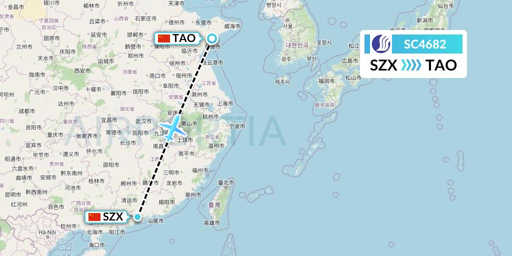 SC4682 Shandong Airlines Flight Map: Shenzhen to Qingdao