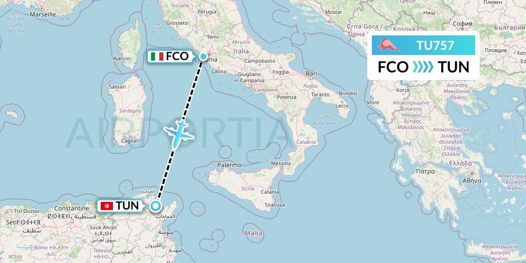 TU757 Tunisair Flight Map: Rome to Tunis