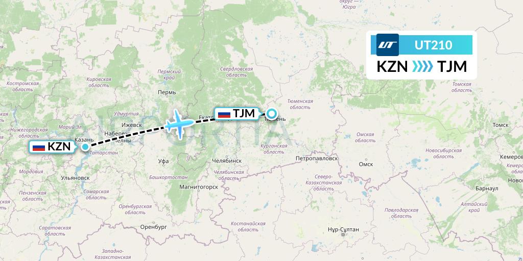 UT210 UTair Flight Map: Kazan to Tyumen