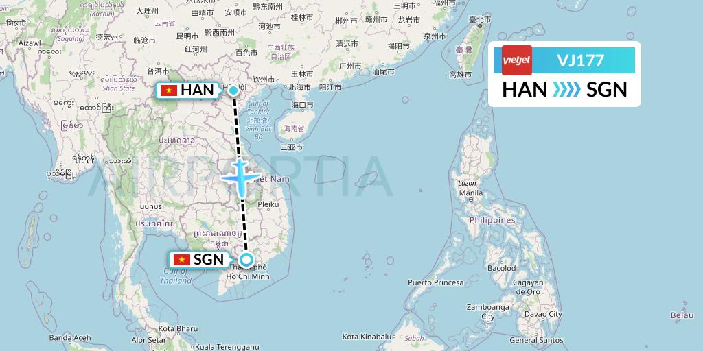 VJ177 VietJet Air Flight Map: Hanoi to Ho Chi Minh City