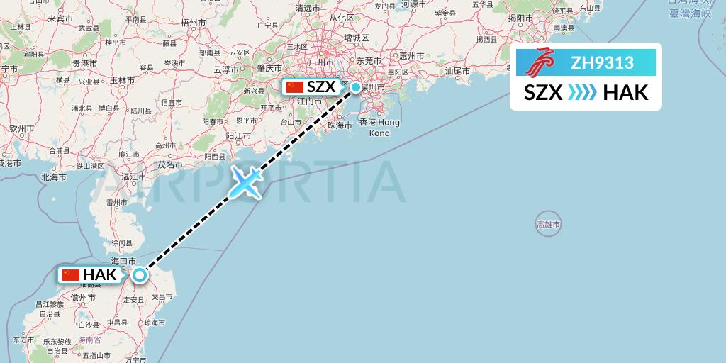 ZH9313 Shenzhen Airlines Flight Map: Shenzhen to Haikou