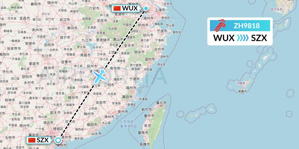 ZH9818 Shenzhen Airlines Flight Map: Wuxi to Shenzhen