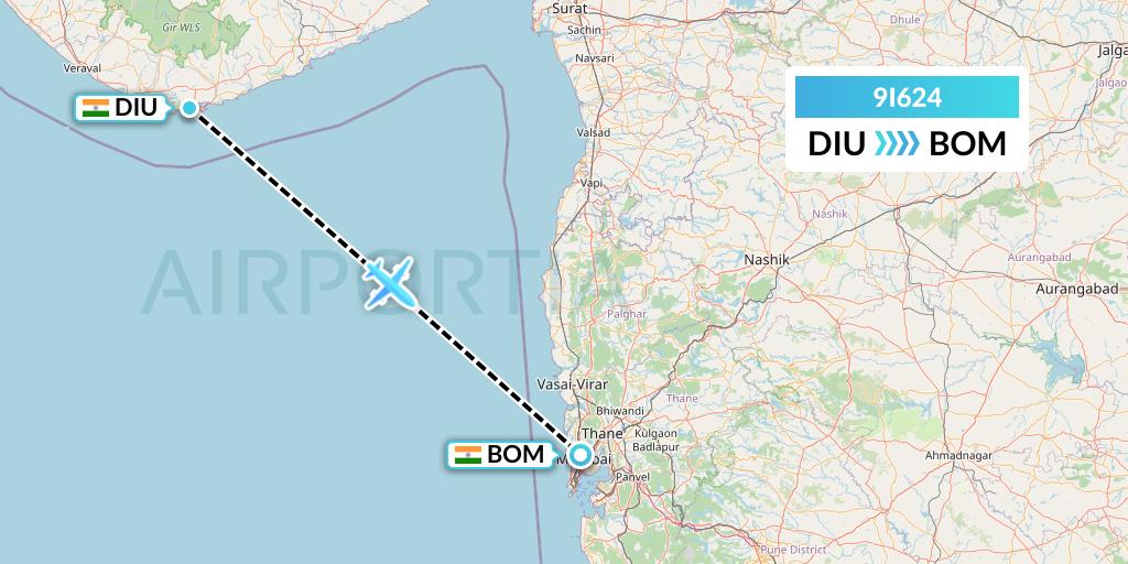 9I624 Air India Regional Flight Map: Diu to Mumbai