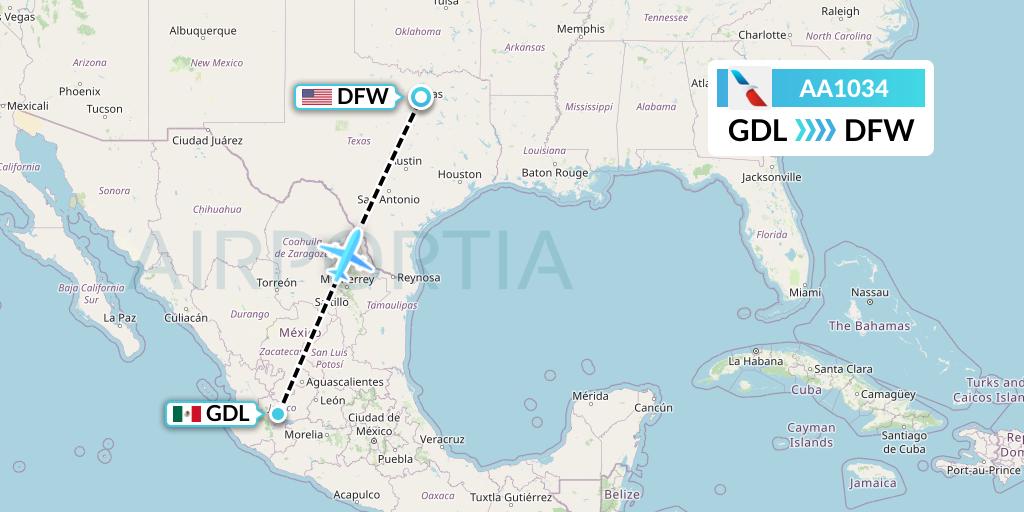 AA1034 American Airlines Flight Map: Guadalajara to Dallas