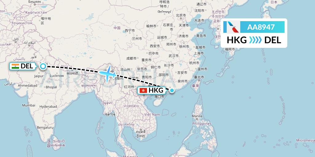 AA8947 American Airlines Flight Map: Hong Kong to Delhi