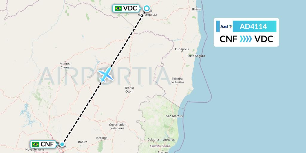 AD4114 Azul Brazilian Airlines Flight Map: Belo Horizonte to Vitoria Da Conquista