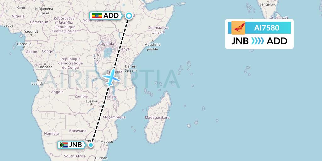 AI7580 Air India Flight Map: Johannesburg to Addis Ababa