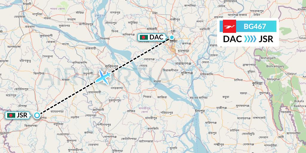 BG467 Biman Bangladesh Airlines Flight Map: Dhaka to Jessore