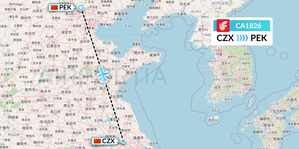 CA1826 Air China Flight Map: Changzhou to Beijing