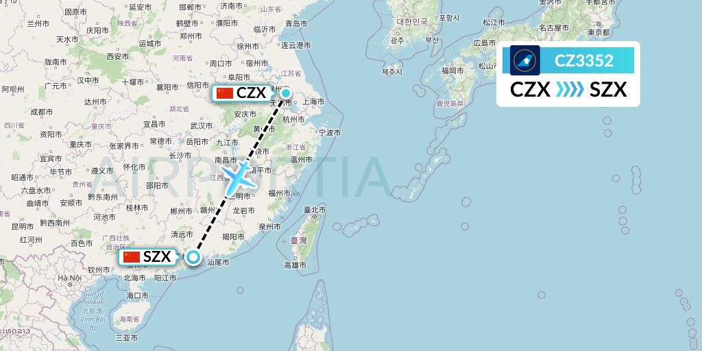 CZ3352 China Southern Airlines Flight Map: Changzhou to Shenzhen