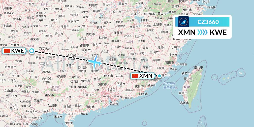 CZ3660 China Southern Airlines Flight Map: Xiamen to Guiyang