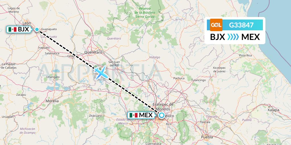 G33847 GOL Transportes Aeros Flight Map: Silao to Mexico City