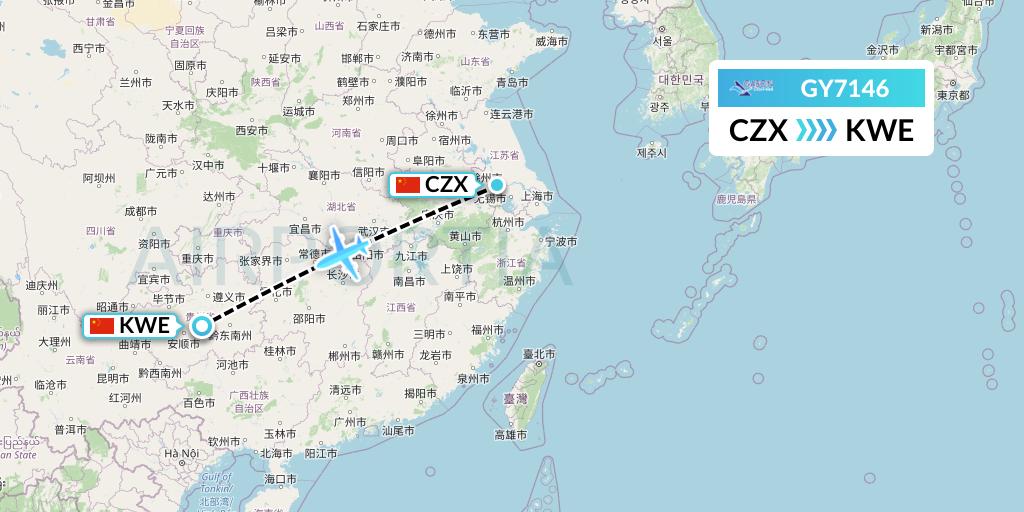 GY7146 Colorful GuiZhou Airlines Flight Map: Changzhou to Guiyang
