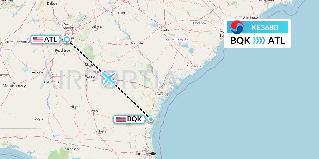 KE3680 Korean Air Flight Map: Brunswick to Atlanta