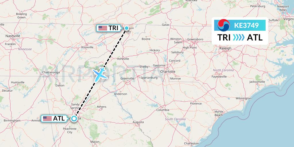 KE3749 Korean Air Flight Map: Blountville to Atlanta