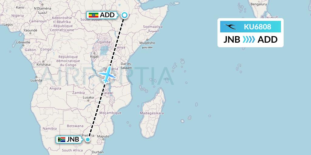 KU6808 Kuwait Airways Flight Map: Johannesburg to Addis Ababa