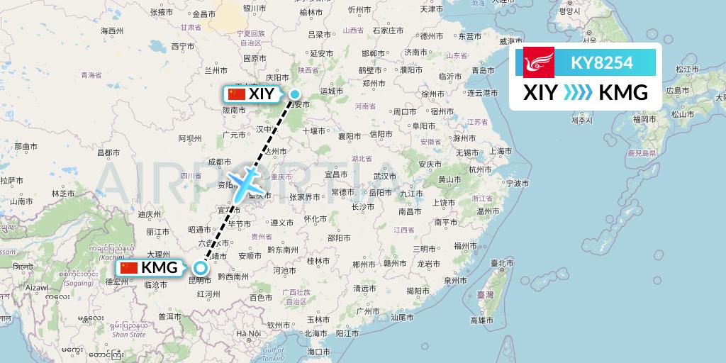 KY8254 Kunming Airlines Flight Map: Xi'an to Kunming