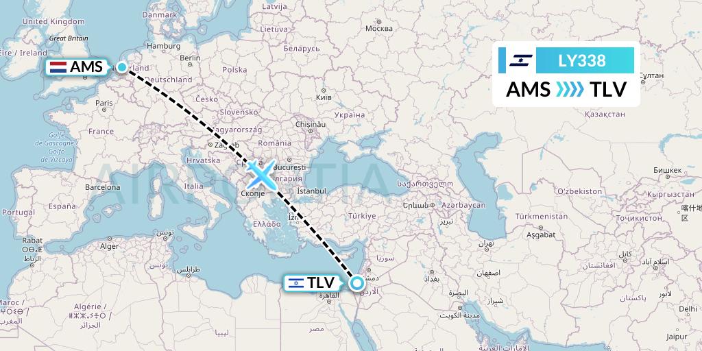 LY338 El Al Flight Map: Amsterdam to Tel Aviv
