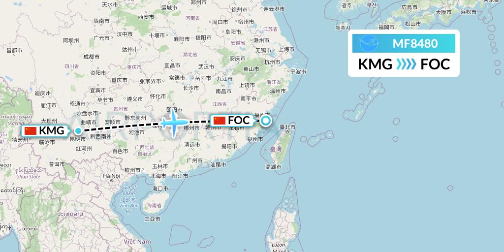MF8480 Xiamen Airlines Flight Map: Kunming to Fuzhou