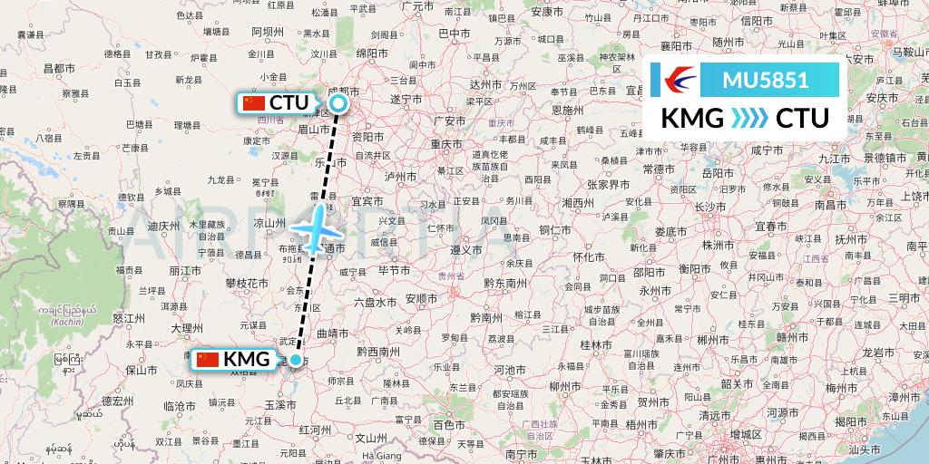 MU5851 China Eastern Airlines Flight Map: Kunming to Chengdu