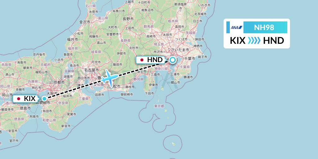 NH98 All Nippon Airways Flight Map: Osaka to Tokyo