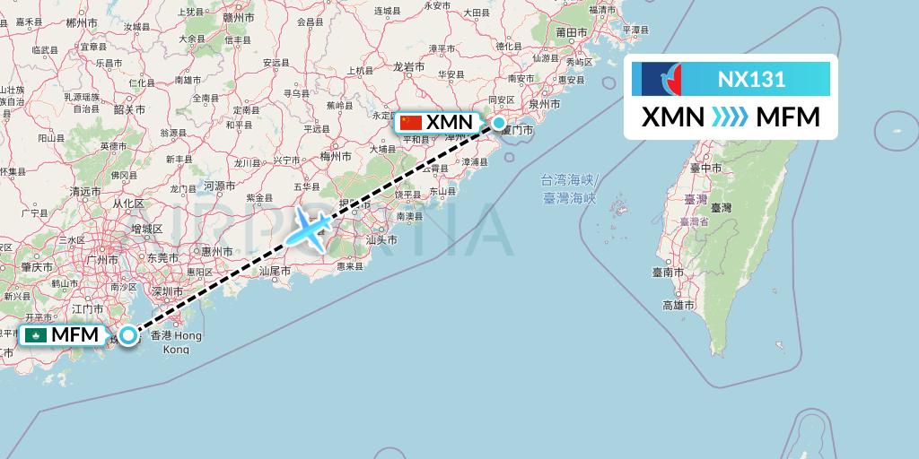 NX131 Air Macau Flight Map: Xiamen to Macau
