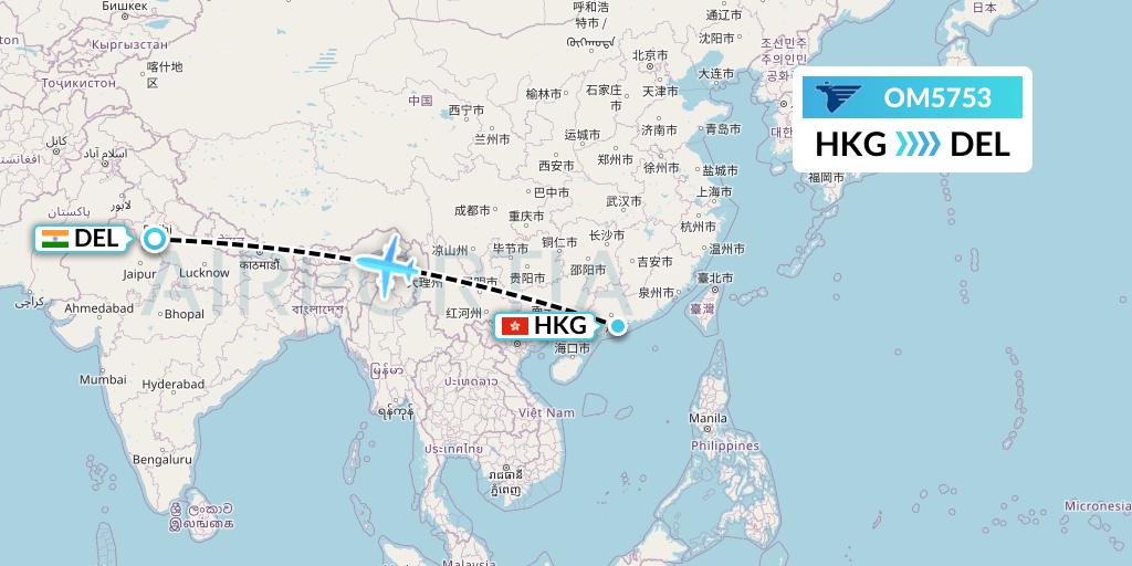 OM5753 MIAT Mongolian Airlines Flight Map: Hong Kong to Delhi