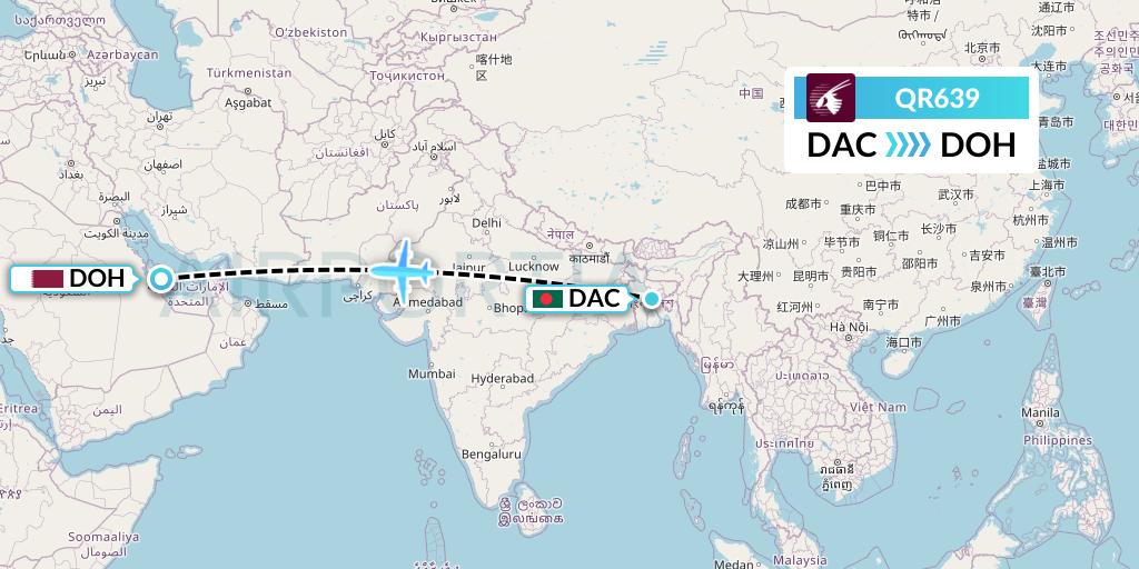 QR639 Qatar Airways Flight Map: Dhaka to Doha